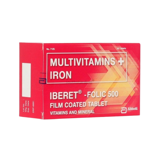 Iberet Folic 500 (Ferrous sulfate + Ascorbic acid + Folic acid + Cyanocobalamin + Nicotinamide) film-coated tablet