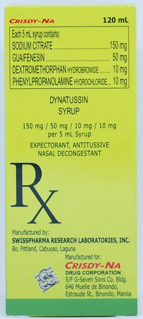 Dynatussin (Dextromethorphan Hydrobromide / Guaifenesin / Sodium Citrate / Phenylpropanolamine Hydrochloride 10mg / 50mg / 150mg / 10mg per 5mL Syrup 120mL