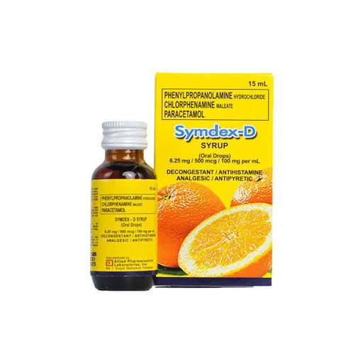 [OTC-T10828-RESP-CAT00408] Symdex-D (phenylpropanolamine + chlorphenamine + paracetamol) oral drops, 15mL