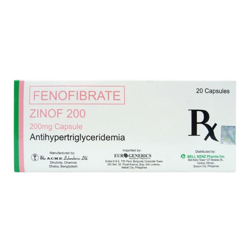 [RX-T10483-CARDI-CAT00090] Zinof 200 (Fenofibrate) 200mg Capsule 