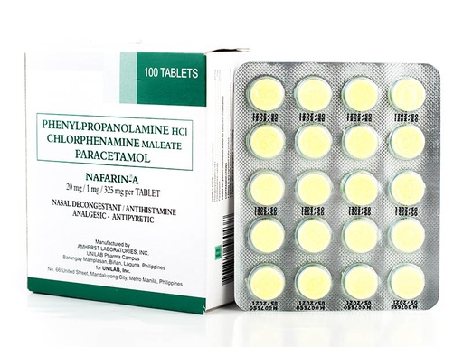 [OTC-T10303-RESP-CAT00113] Nafarin-A (phenylpropanolamine HCl + chlorphenamine maleate + paracetamol) 20mg/1mg/325mg tablet