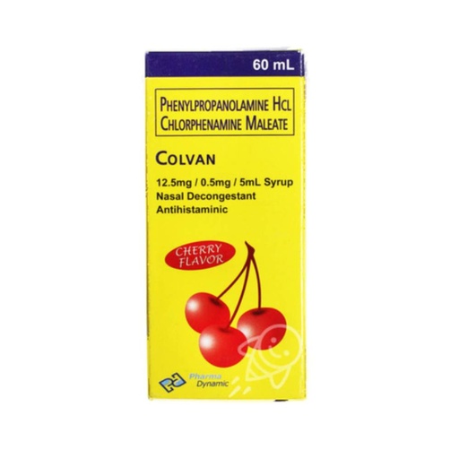 [RX-T11262-RESP-CAT00205] Colvan (Phenylpropanolamine HCl + Chlorphenamine Maleate) 60ml Syrup 
