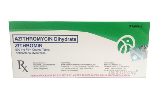 [RX-T10247-ABIO-CAT00247] Zithromin (Azithromycin Dihydrate) 500mg Tablet 